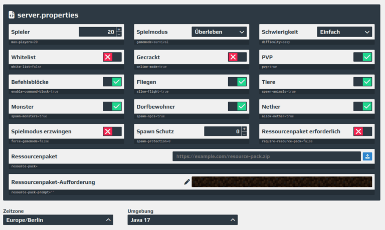 Einstellungen kostenloser Minecraft Server bei Aternos
